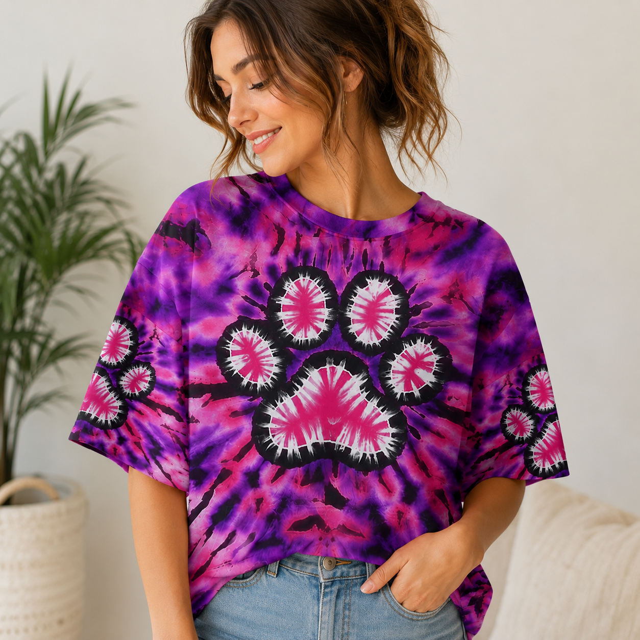 Pink Paw Galaxy Tie Dye Printed Hoodie Sweatshirt T-Shirt