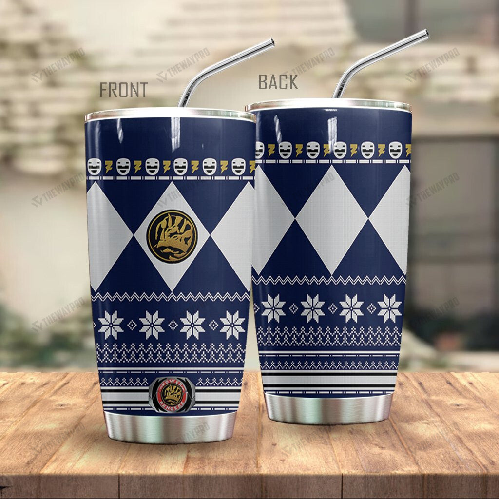 Blue Mighty Morphin Power Ranger Ugly Christmas Custom Tumbler