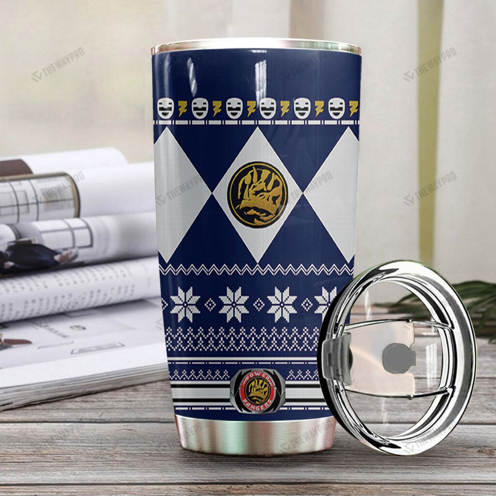 Blue Mighty Morphin Power Ranger Ugly Christmas Custom Tumbler