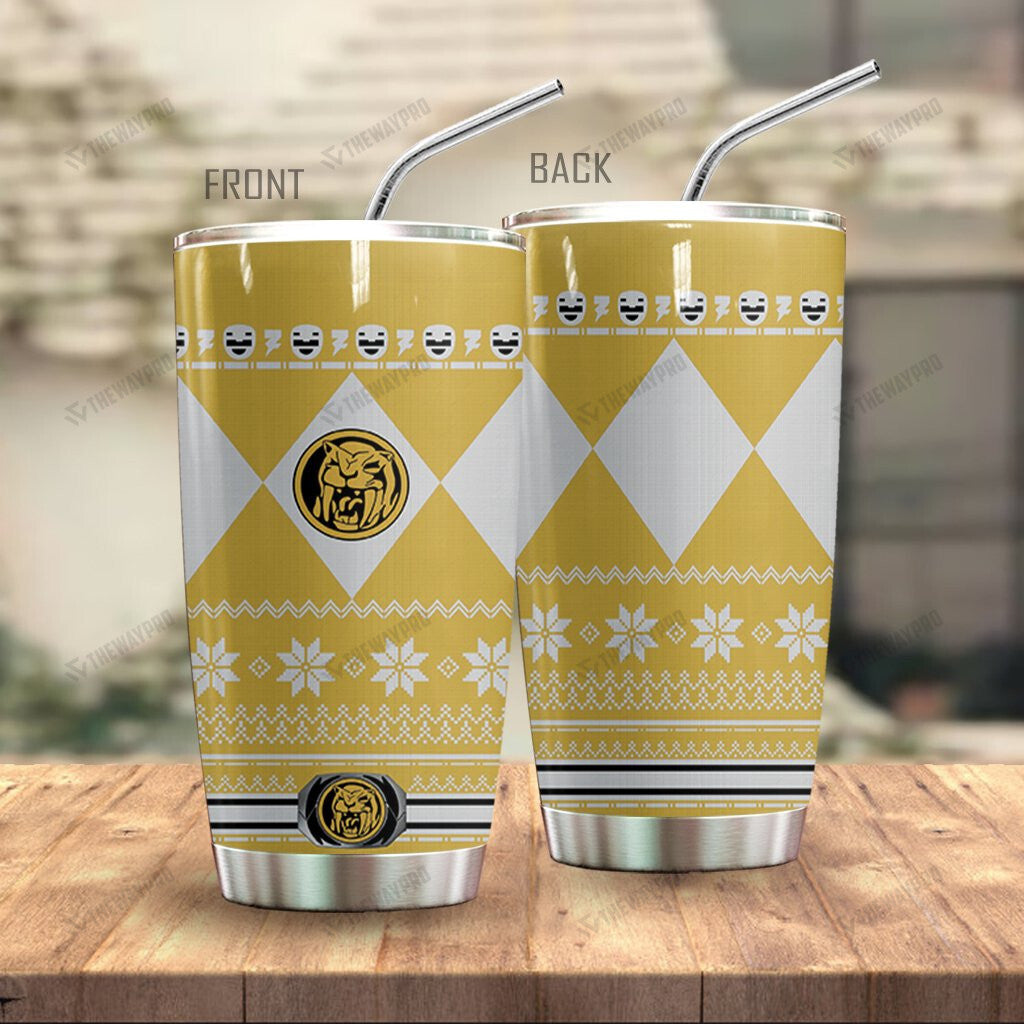 Yellow Mighty Morphin Power Ranger Ugly Christmas Custom Tumbler