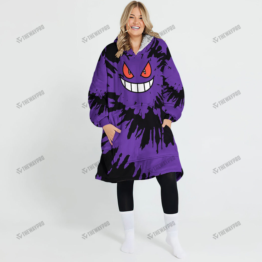Gengar Tie Dye Face Custom Fleece Blanket Hoodie