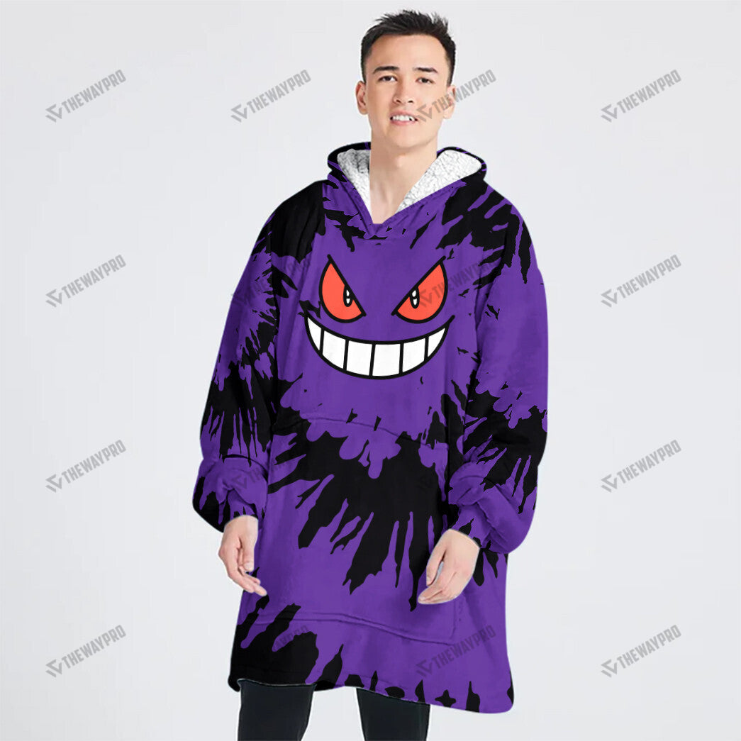 Gengar Tie Dye Face Custom Fleece Blanket Hoodie