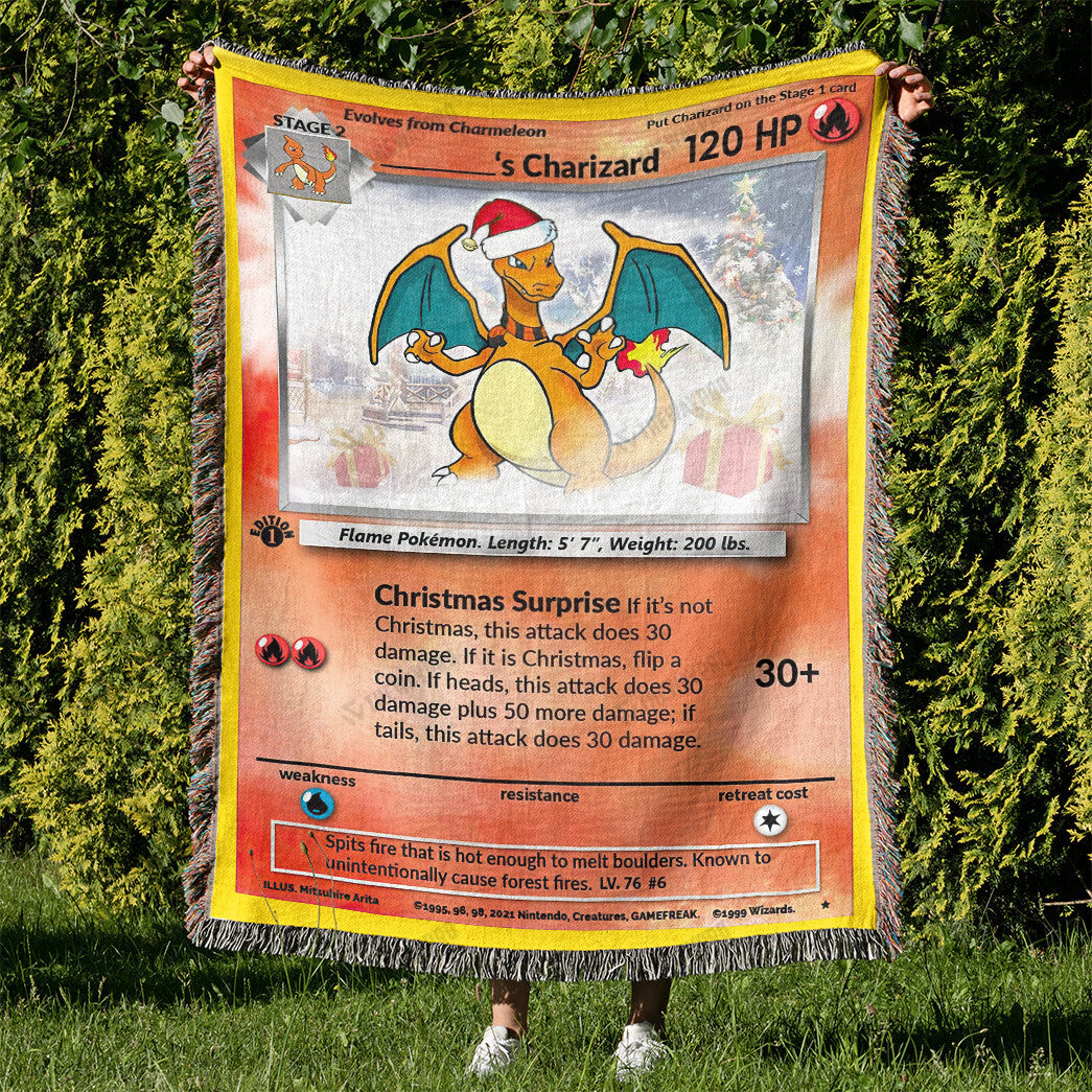 Christmas Charizard Custom Name Gift Woven Blanket
