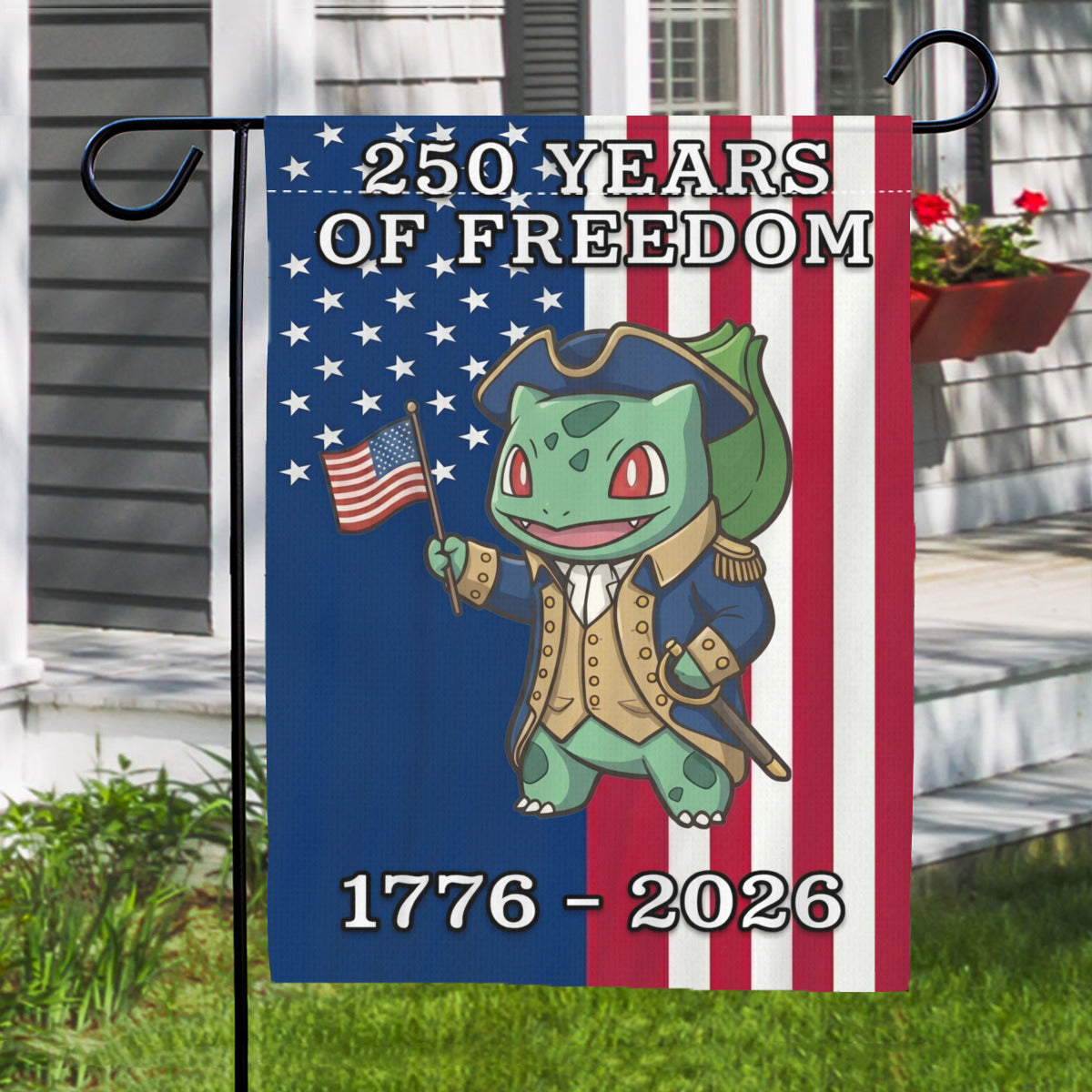 PKM Bulbasaur 250 Years of Freedom 1776–2026 Patriotic Printed Garden Flag