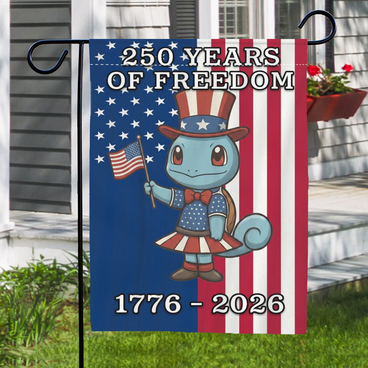 PKM Squirtle 250 Years of Freedom 1776–2026 Patriotic Printed Garden Flag