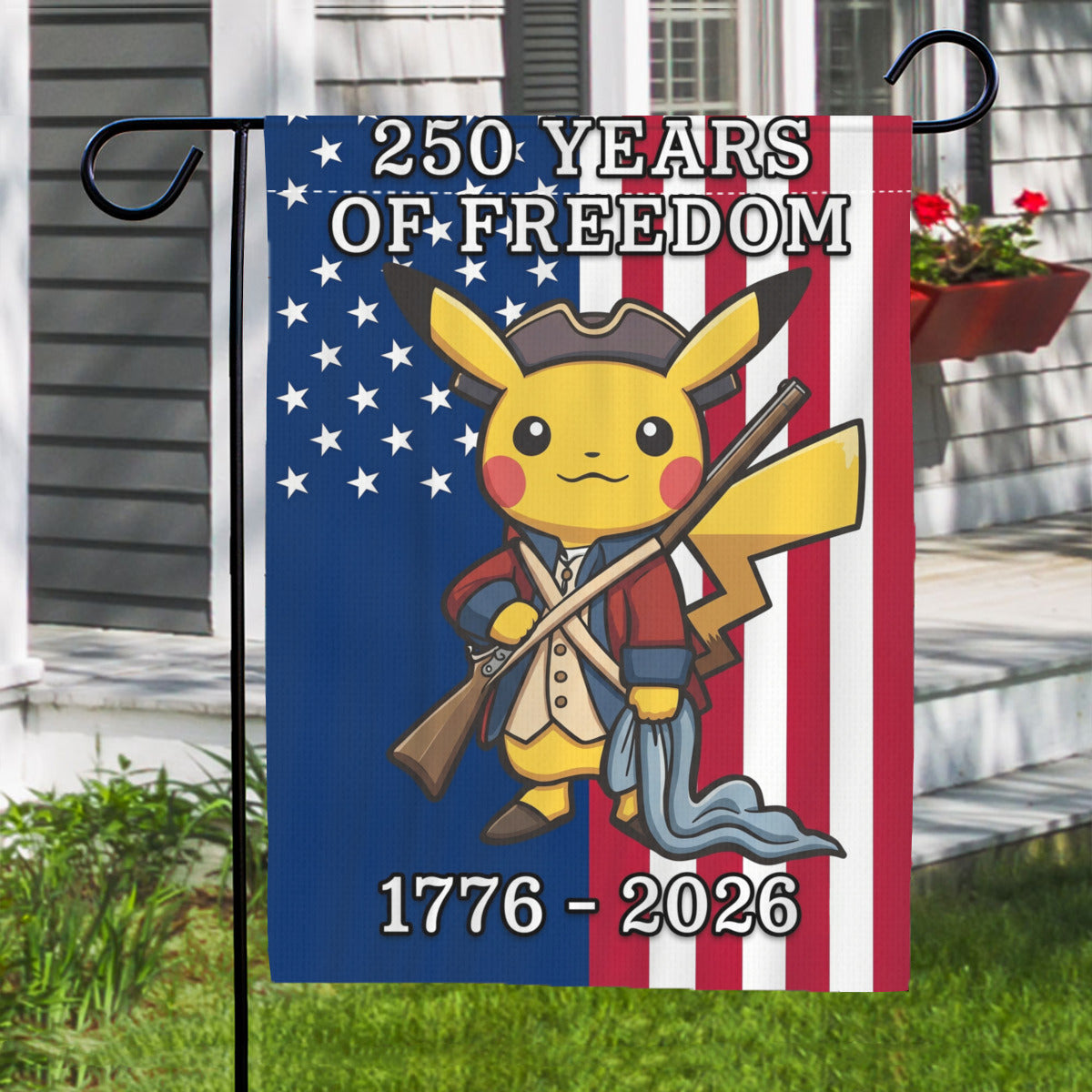 PKM Pikachu 250 Years of Freedom 1776–2026 Patriotic Printed Garden Flag