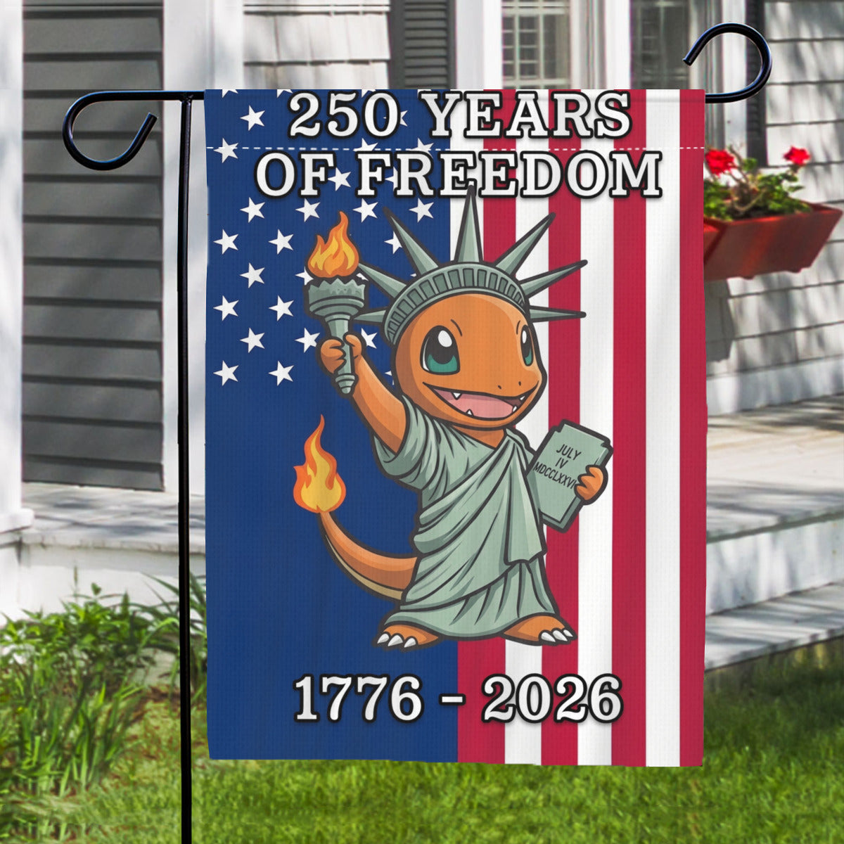 PKM Charmander 250 Years of Freedom 1776–2026 Patriotic Printed Garden Flag