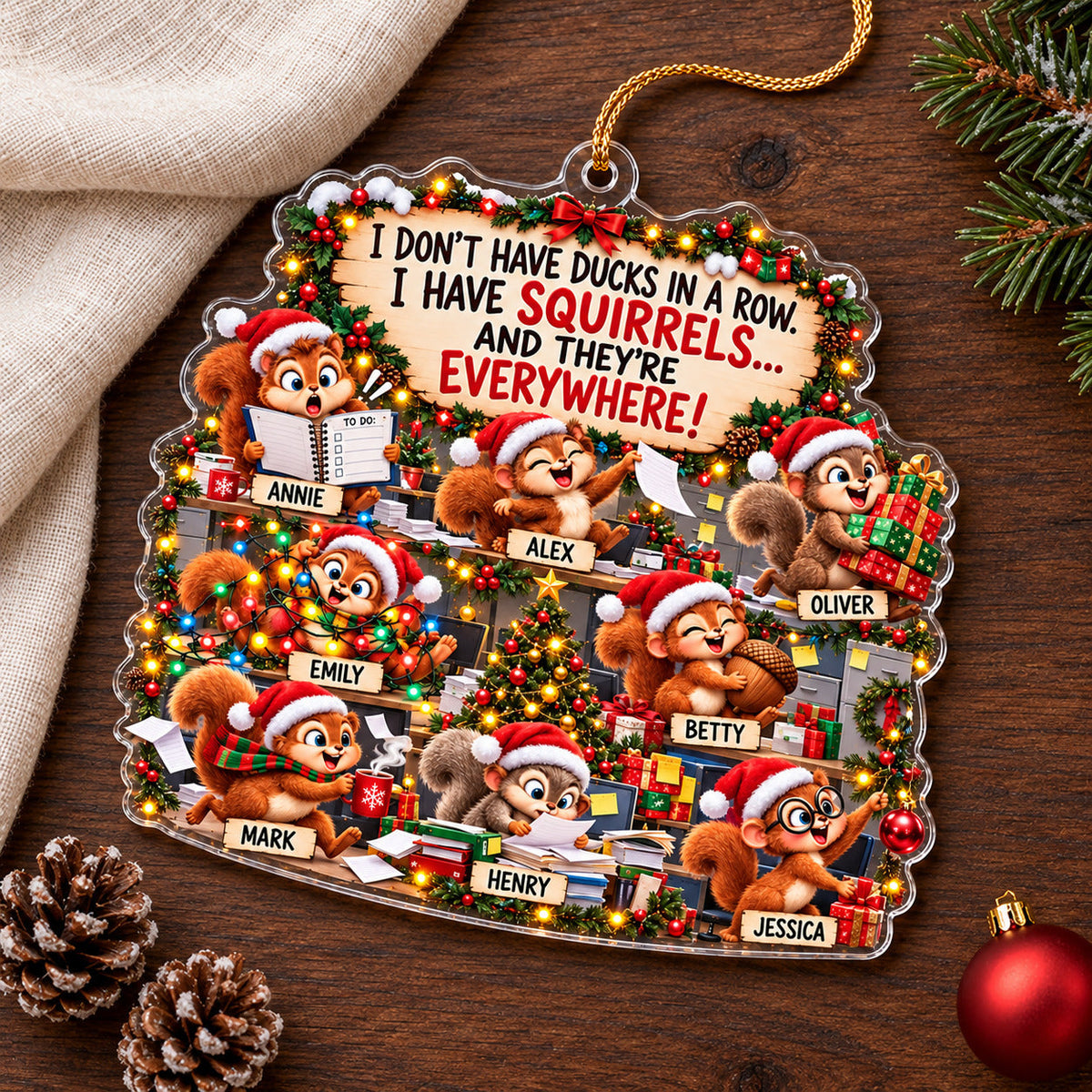 Personalized Squirrel Christmas Ornament, Custom Team Names, Funny Acrylic Coworker Gift
