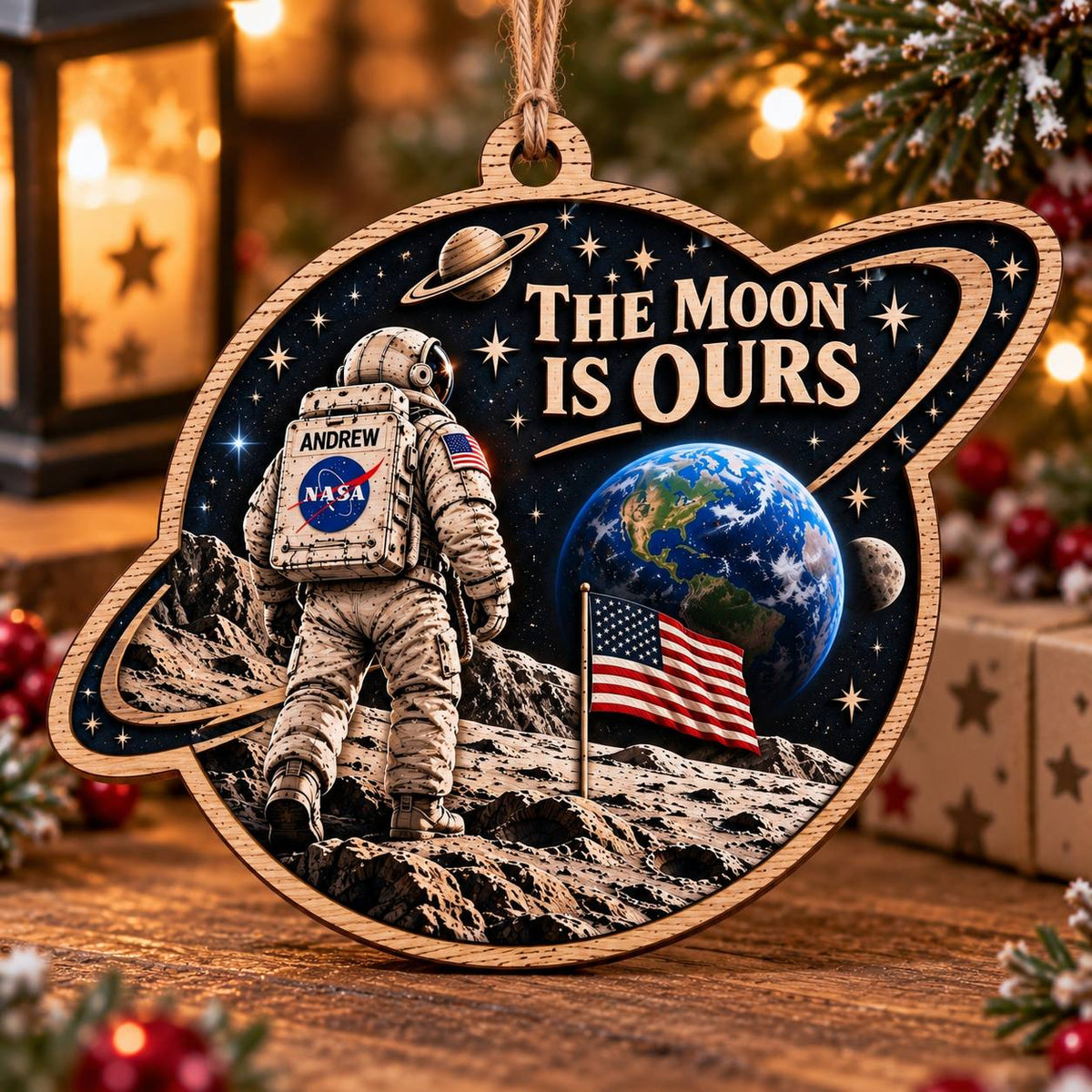 The Moon Is Ours Custom Name Double-Side Printed Wooden Ornament