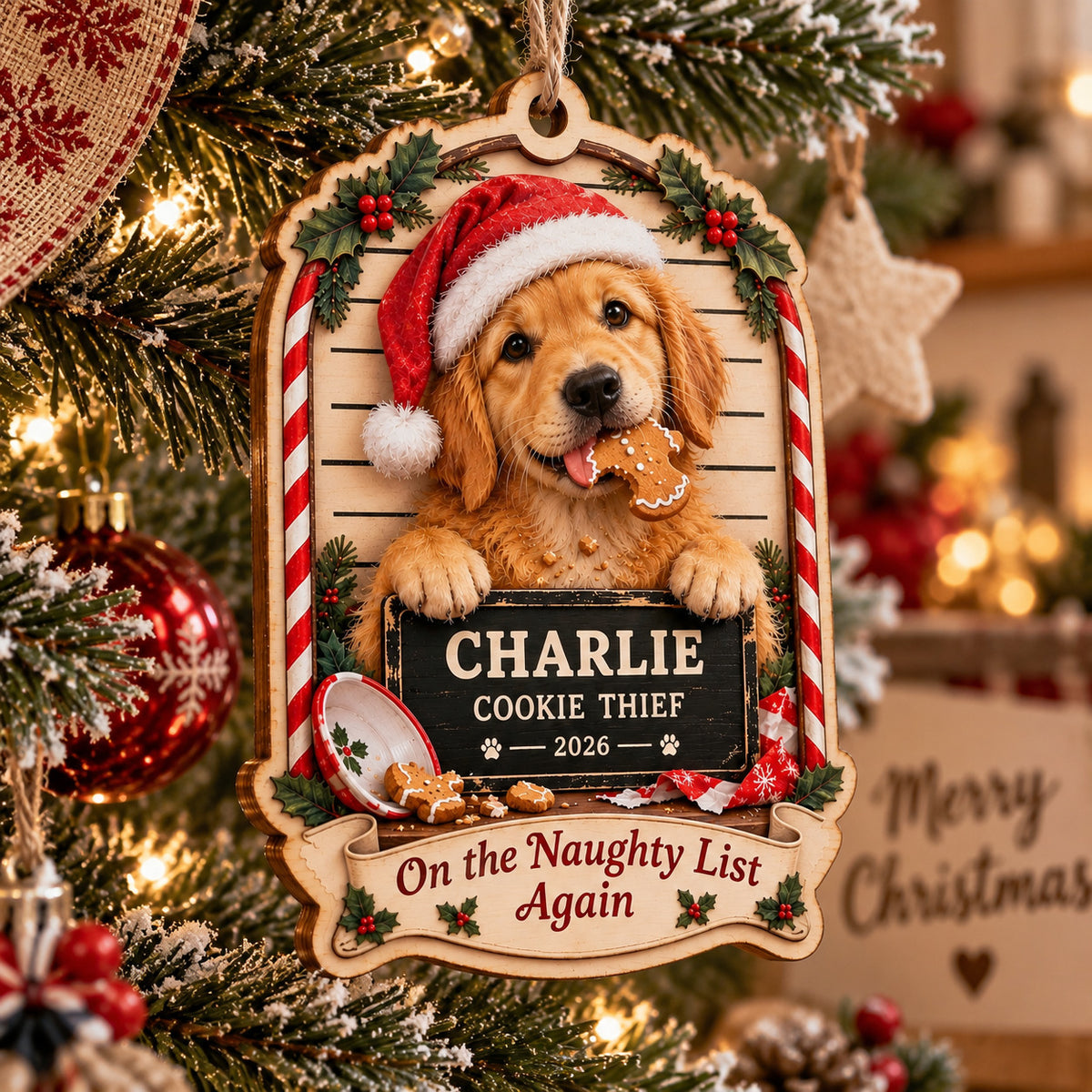 Personalized Custom Dog Photo Cookie Thief Acrylic Ornament – Custom Name Holiday Gift