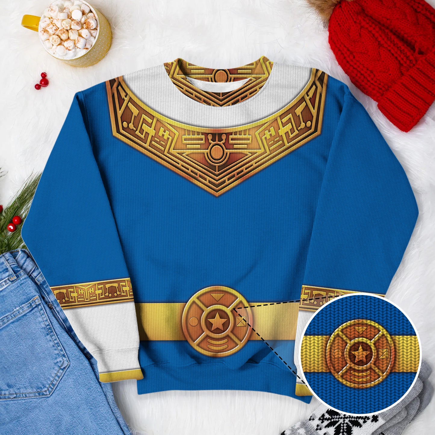 Blue Power Rangers Zeo Ugly Christmas Custom Imitation Knitted Sweatshirt