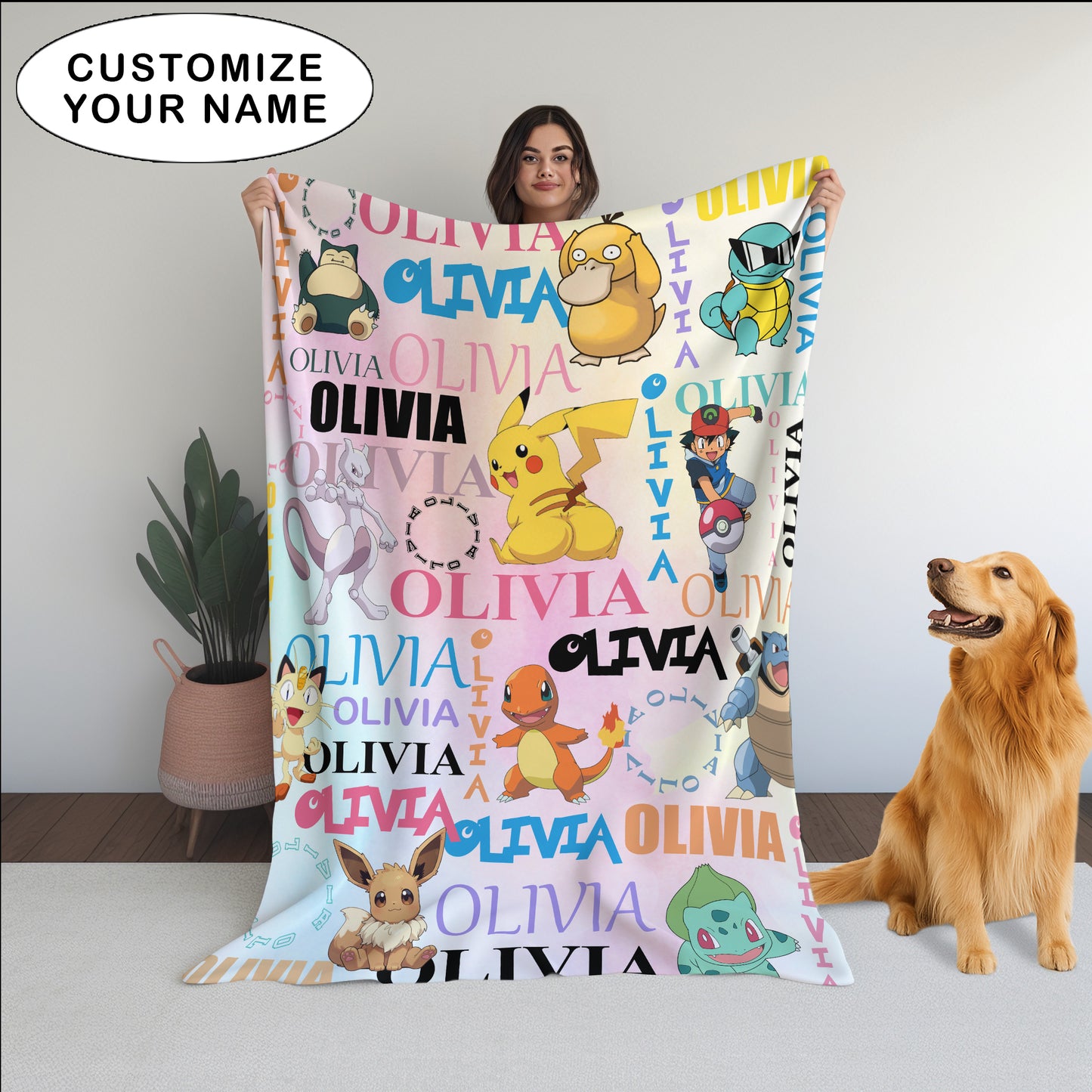 Anime PKM Personalized Watercolor, Birthday Gifts for Kids, Custom Name Blanket