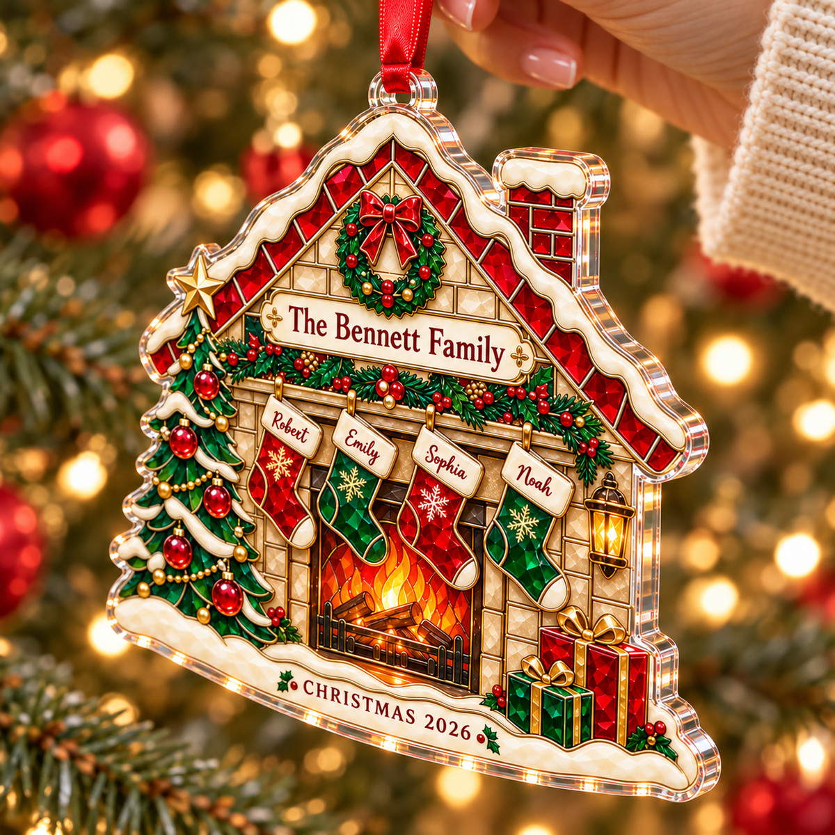 Personalized Family Fireplace Acrylic & Glass Ornament, Custom Name Christmas Stockings