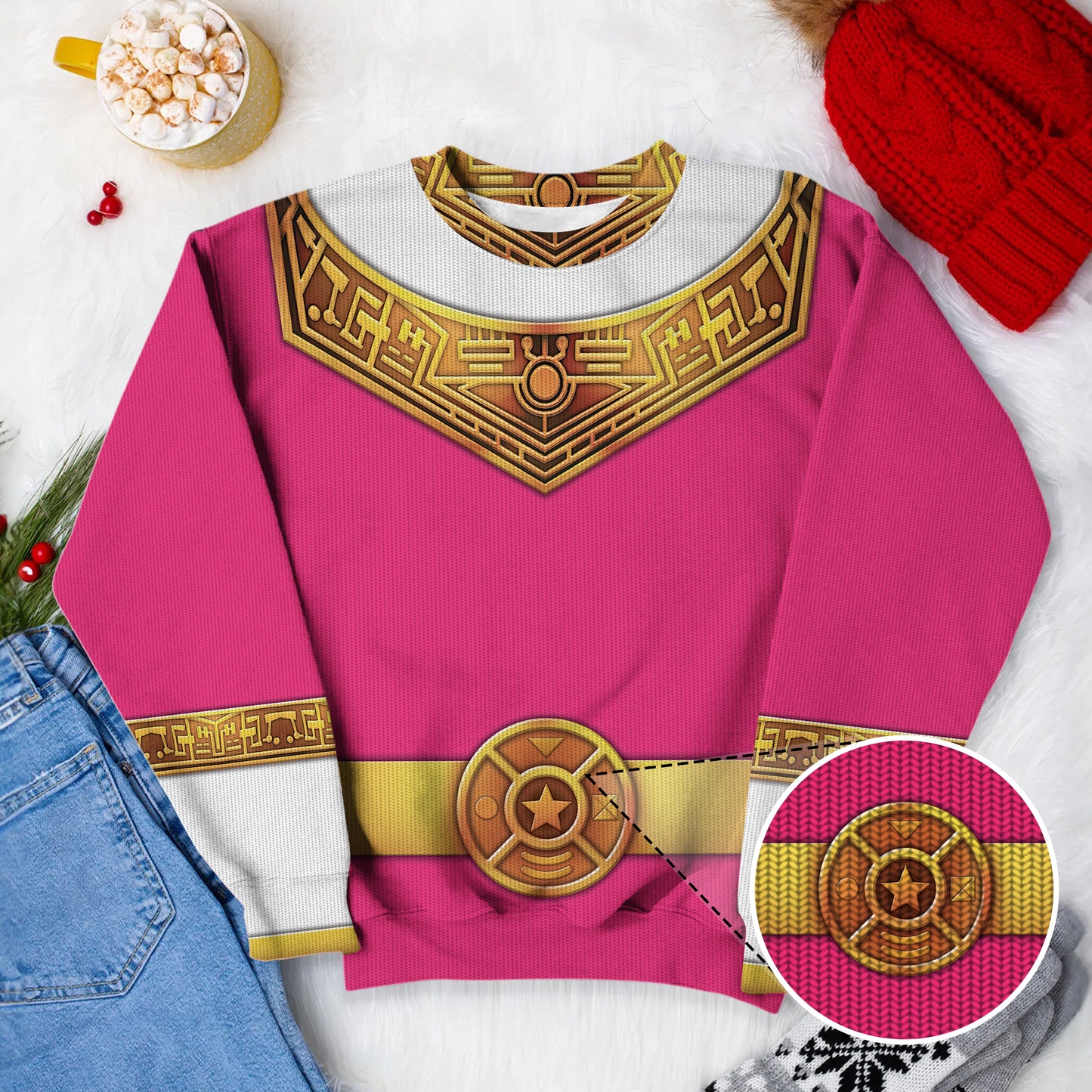 Pink Power Rangers Zeo Ugly Christmas Custom Imitation Knitted Sweatshirt