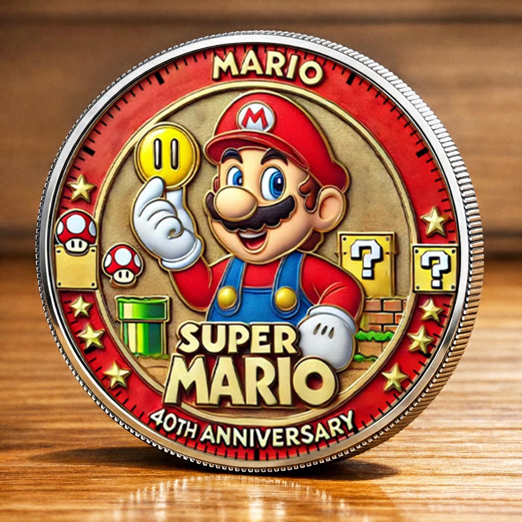 Super Mario 40th Anniversary Printed Commemorative Coin With Pocket Hug Leather Keychain