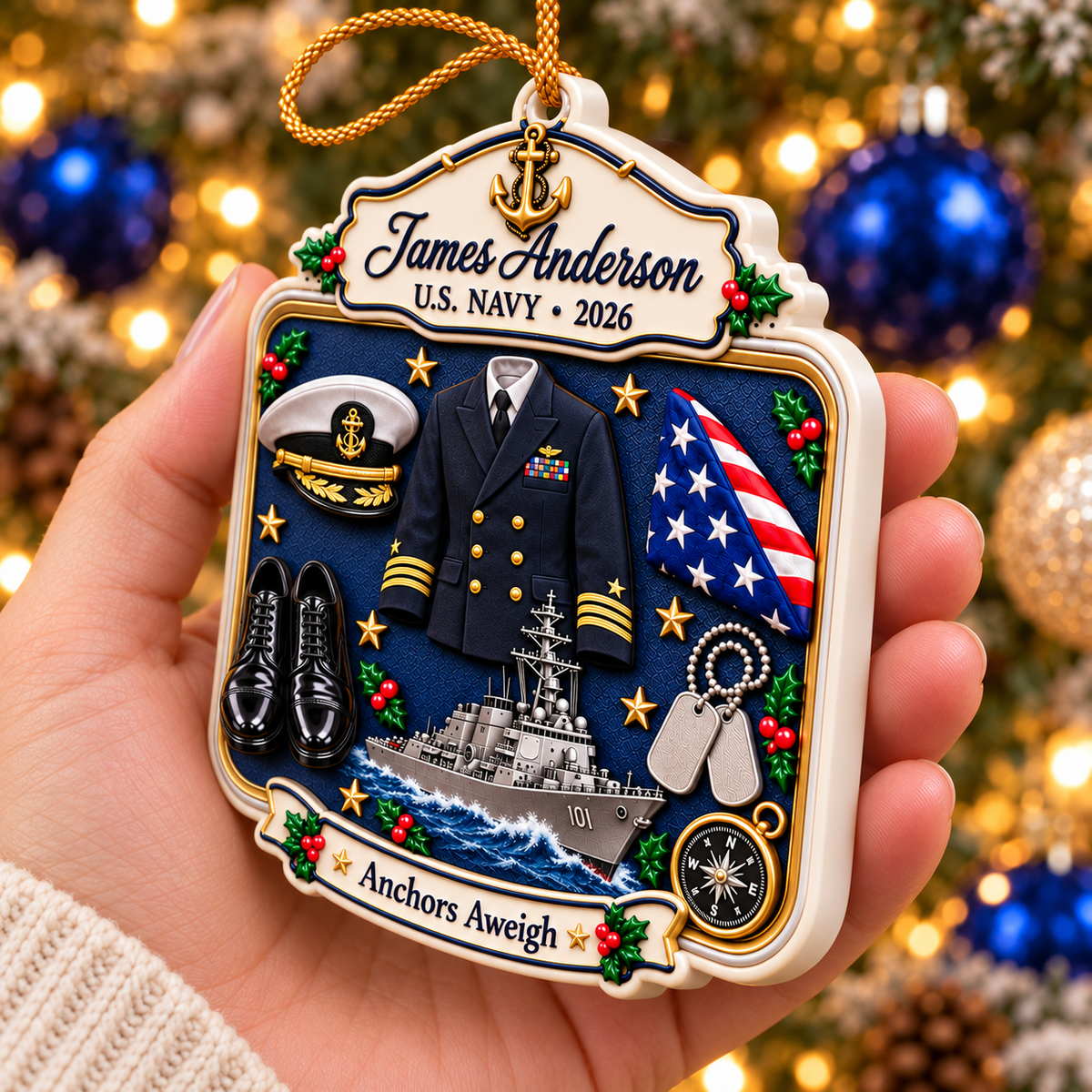 Personalized 3D Raised Acrylic US NAVY Custom Name Ornament