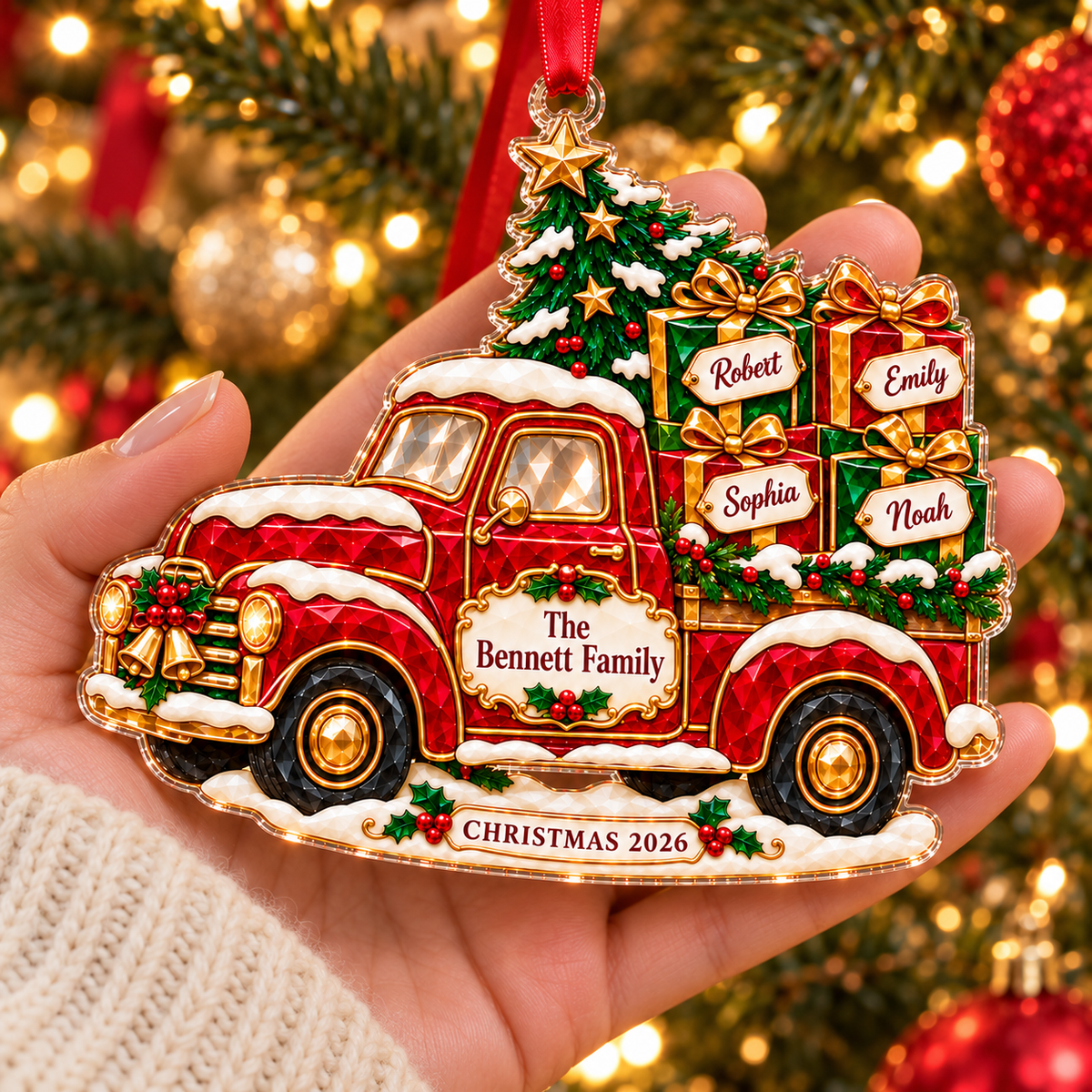 Personalized Red Truck Christmas Acrylic & Glass Ornament with Family Names, Vintage Style Pickup