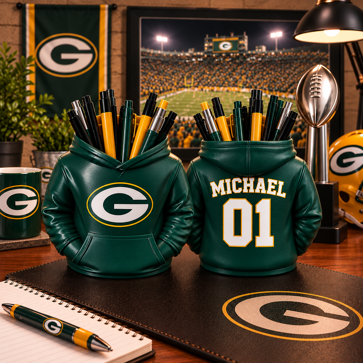 Green Bay Packers Personalized Hoodie Candy & Pen Holder – Custom Name & Number, 3D-Printed PLA