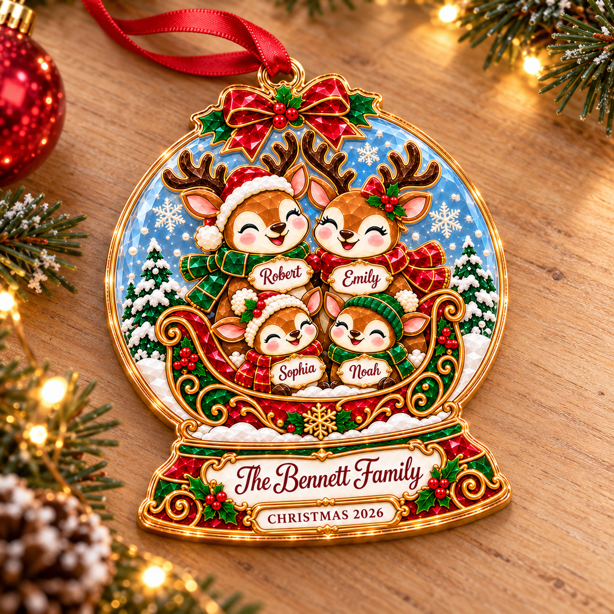 Personalized Reindeer Family Christmas Acrylic & Glass Ornament, Custom Name Snow Globe Ornament