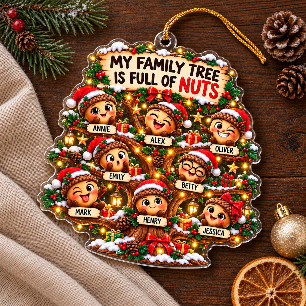 Personalized Acorn Family Christmas Ornament – “My Family Tree Is Full of Nuts” – Custom Names