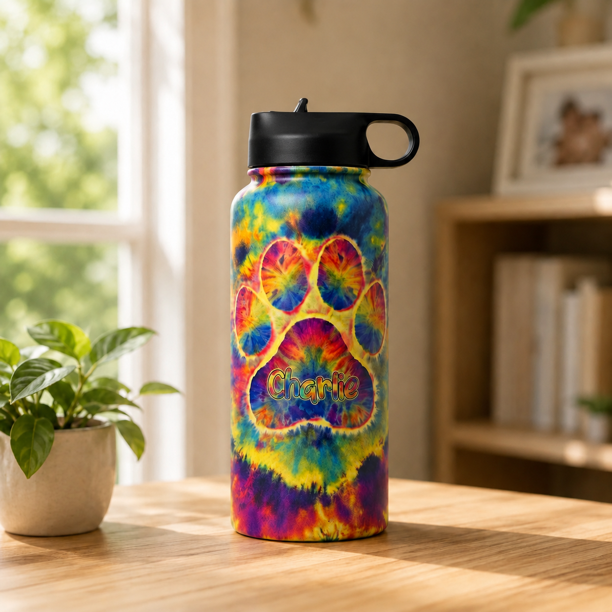 Custom Name Tie-Dye Pet Paw Print Insulated Water Bottle