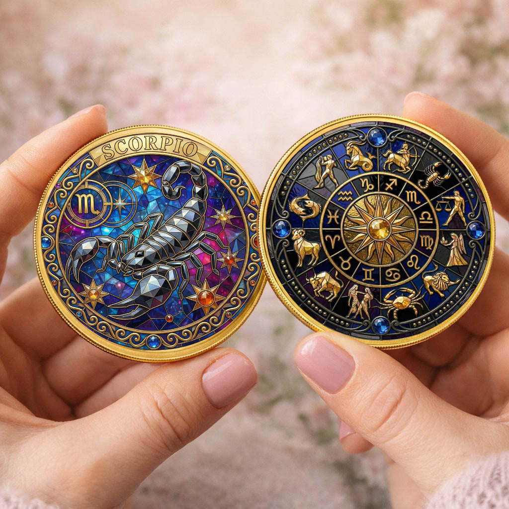 Tarot Zodiac Scorpio Sign Stained Glass Printed Commemorative Coin