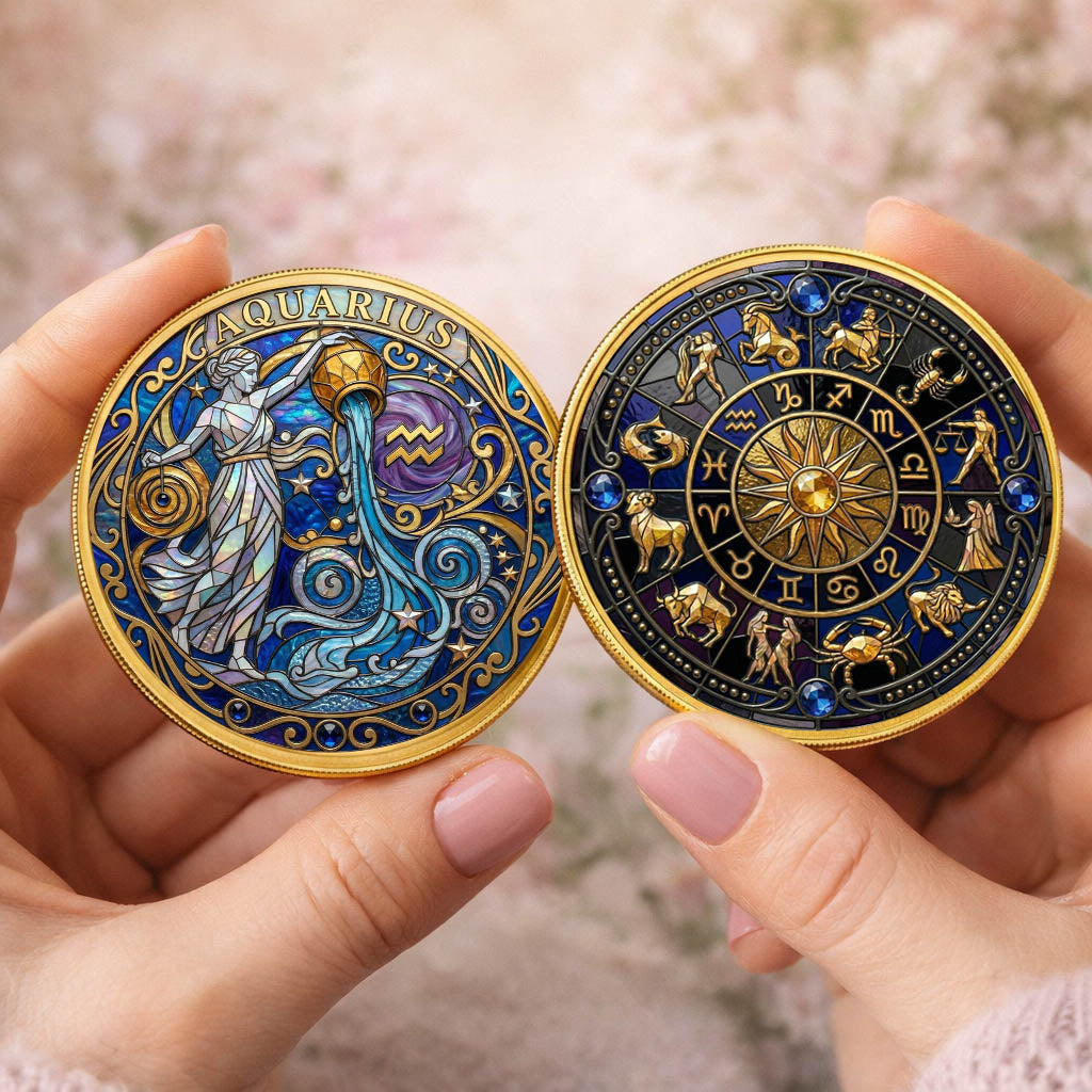 Tarot Zodiac Aquarius Sign Stained Glass Printed Commemorative Coin