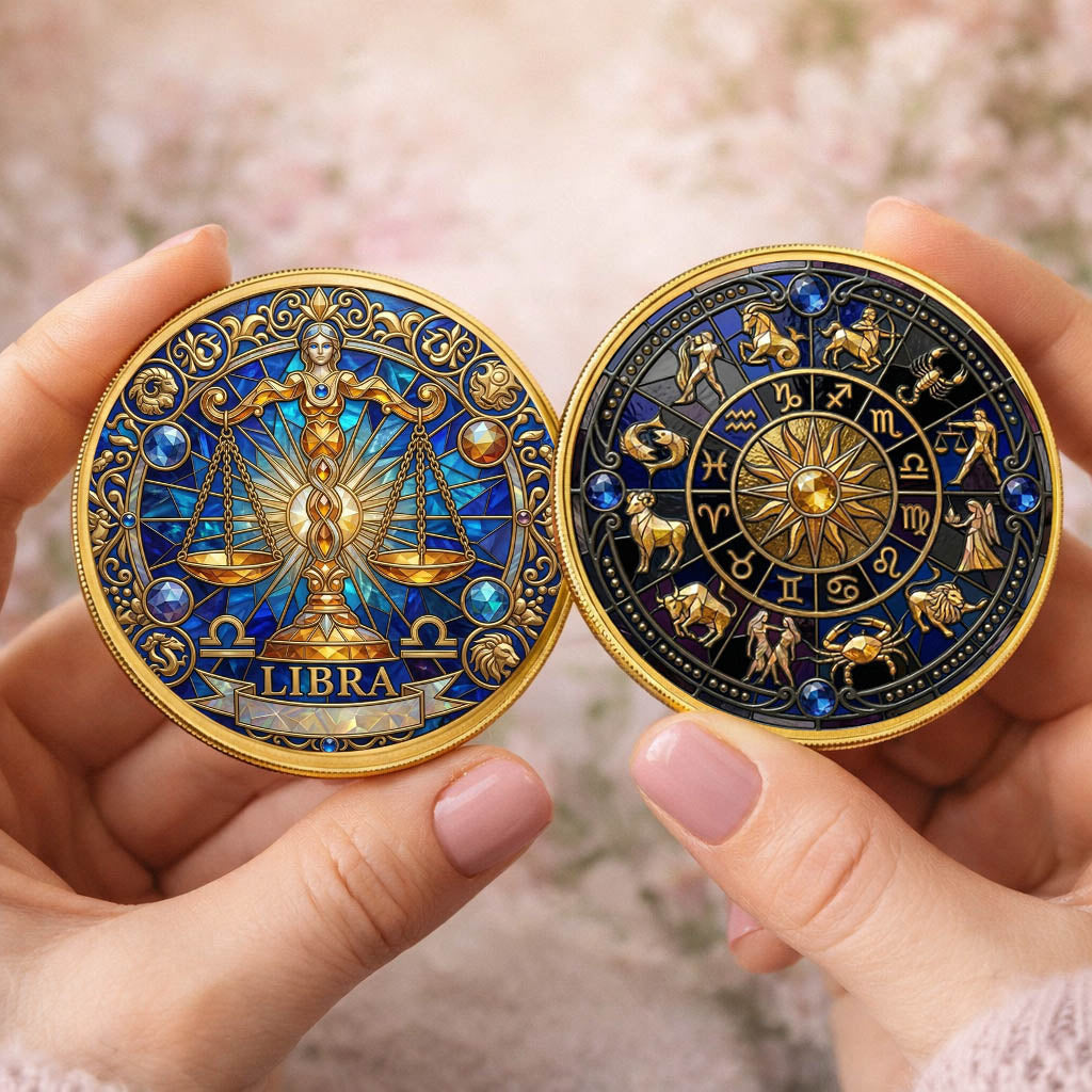 Tarot Zodiac Libra Sign Stained Glass Printed Commemorative Coin