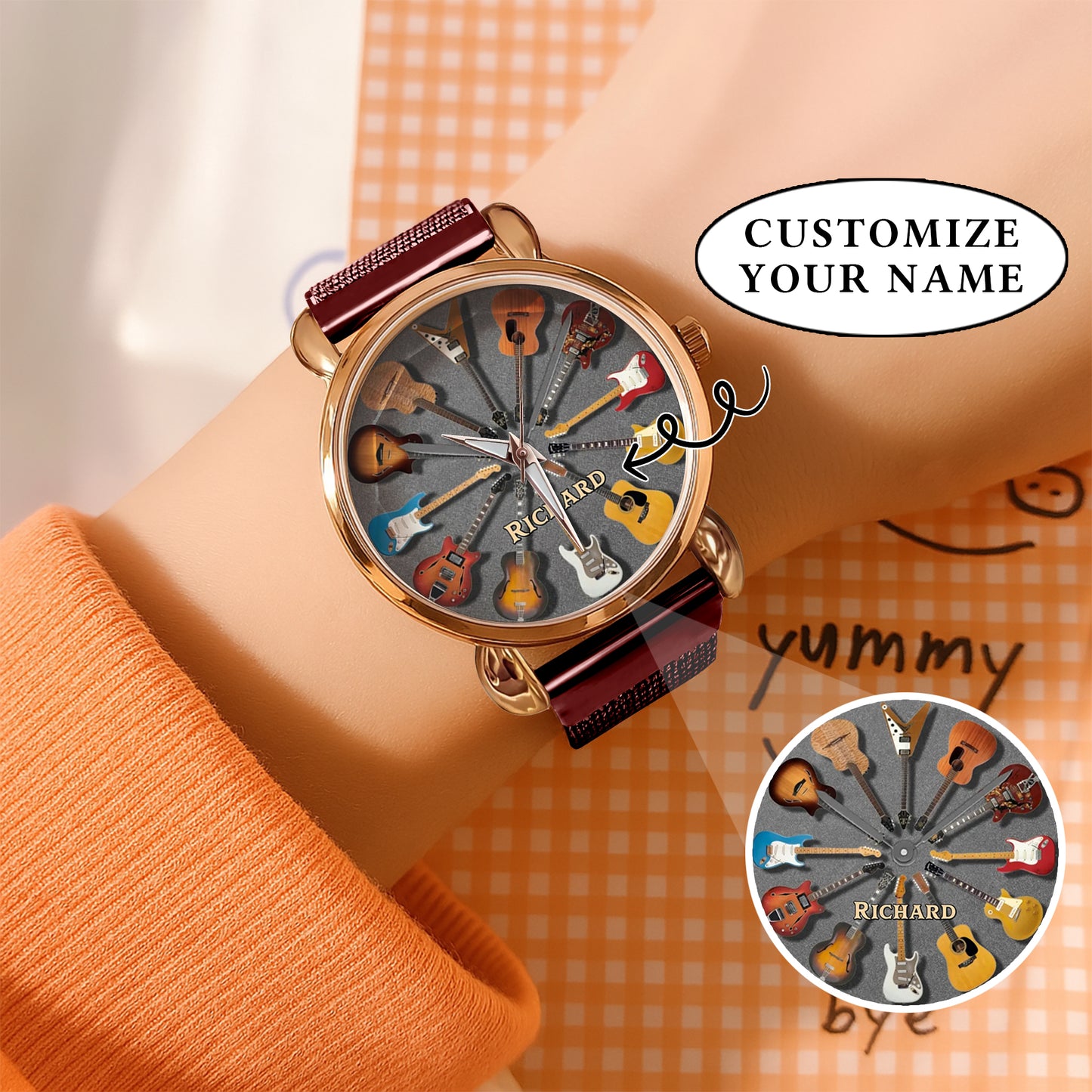 Personalized Guitar Lover Watch – Custom Name Timepiece with 12 Guitar Designs | Perfect Gift for Musicians & Music Fans