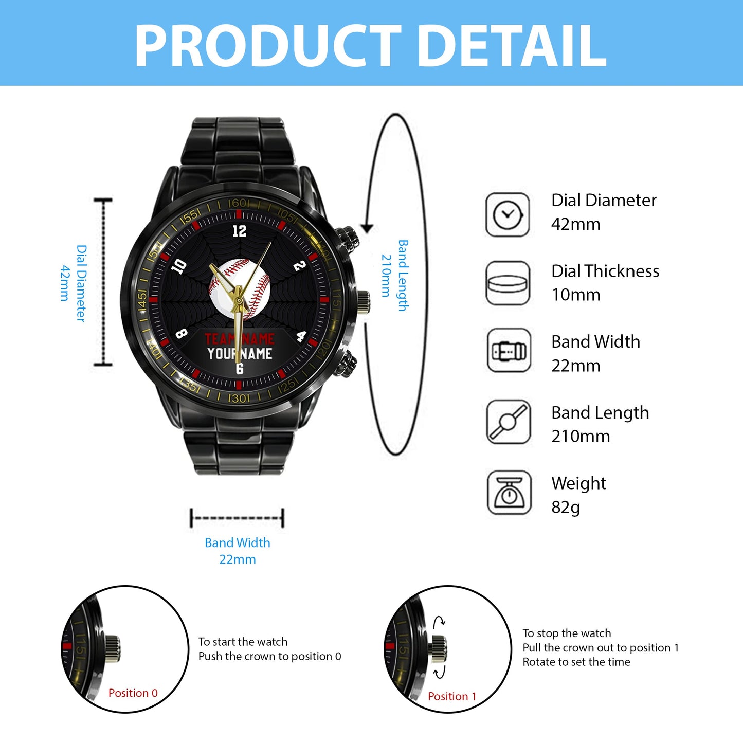 Baseball Personalized Team Name, Name & Number Quartz Watch