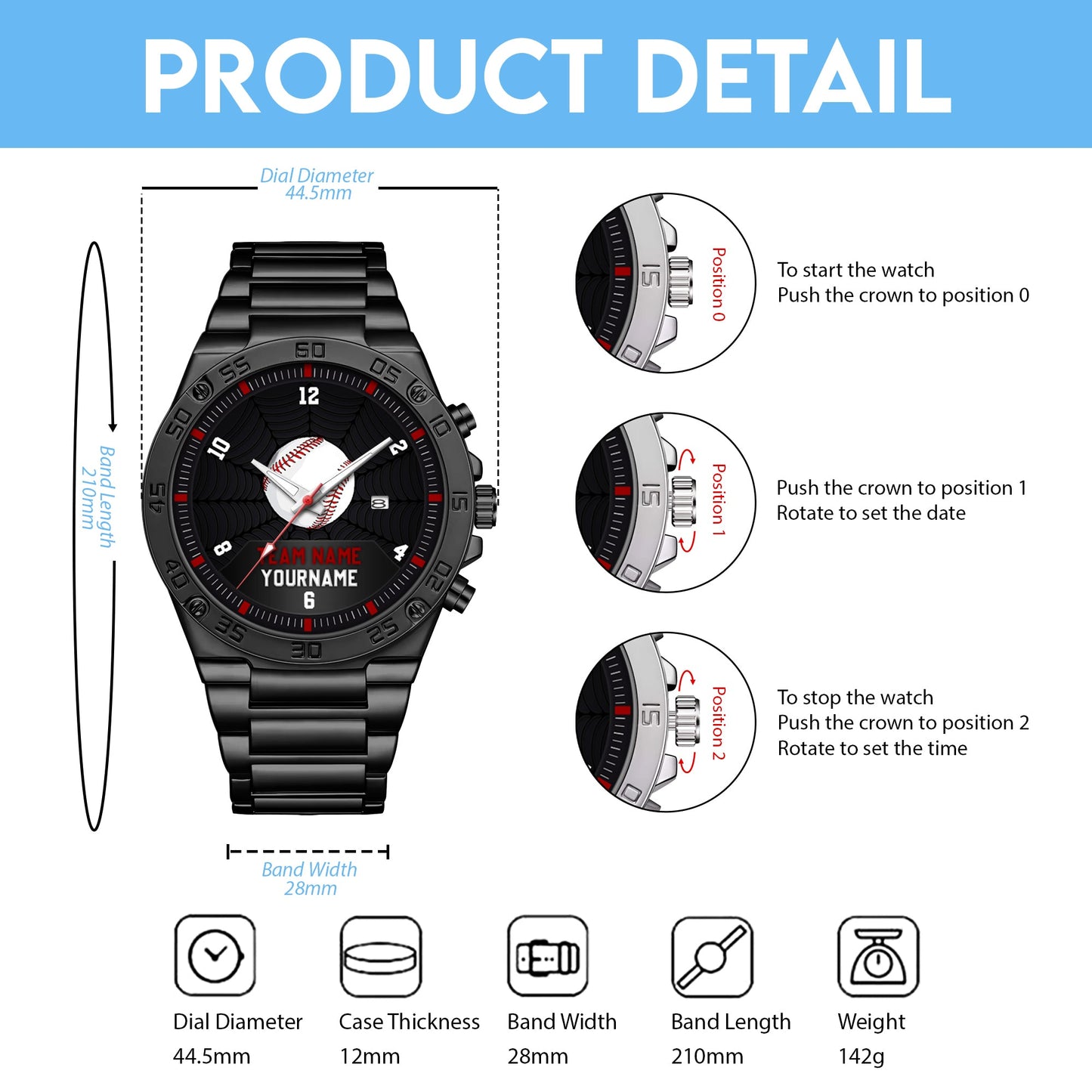 Baseball Personalized Team Name, Name & Number Quartz Watch