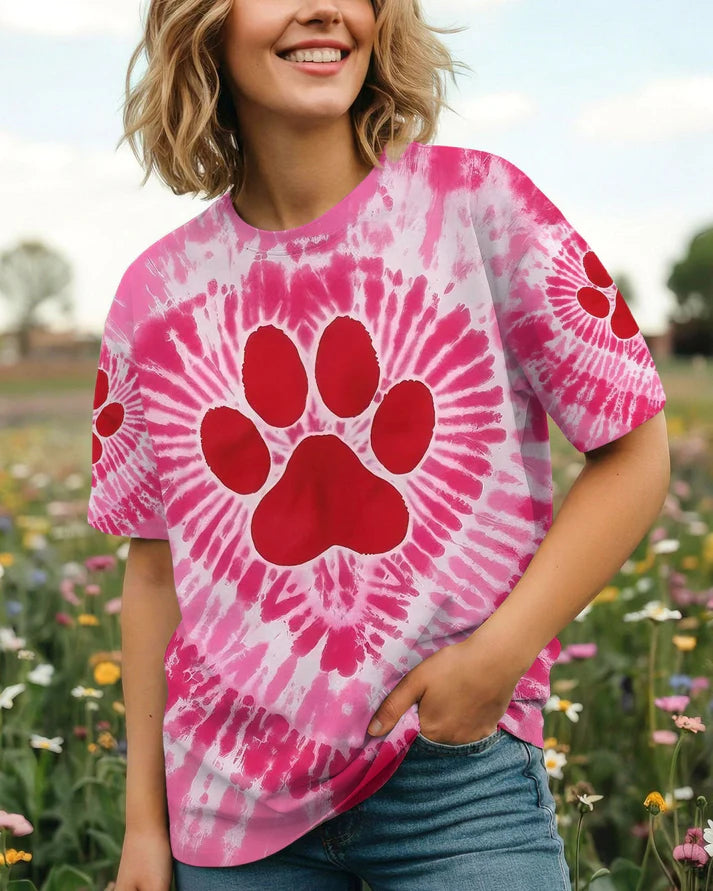 Pink Paw Swirl Tie Dye Cat Printed Hoodie Sweatshirt T-Shirt
