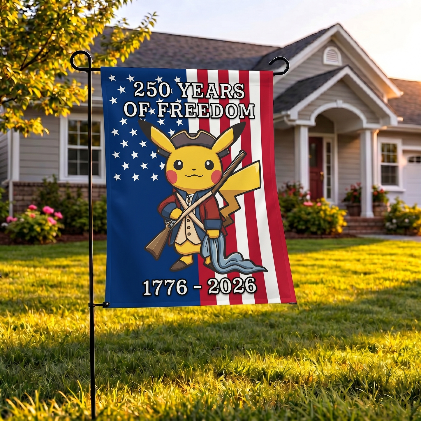 PKM Pikachu 250 Years of Freedom 1776–2026 Patriotic Printed Garden Flag