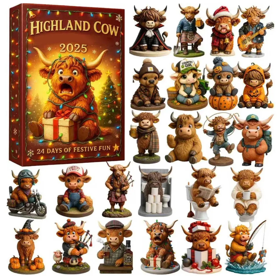 2025 Highland Cow Advent Acrylic Calendar 24 Pieces Christmas Tree Decor