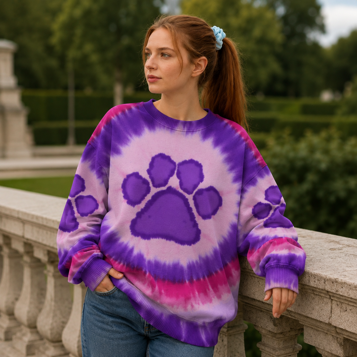 Purple Paw Swirl Tie Dye Cat Printed Hoodie Sweatshirt T-Shirt
