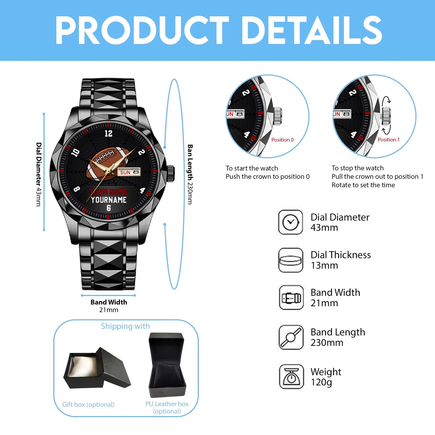 American Football Personalized Team Name, Name & Number Quartz Watch