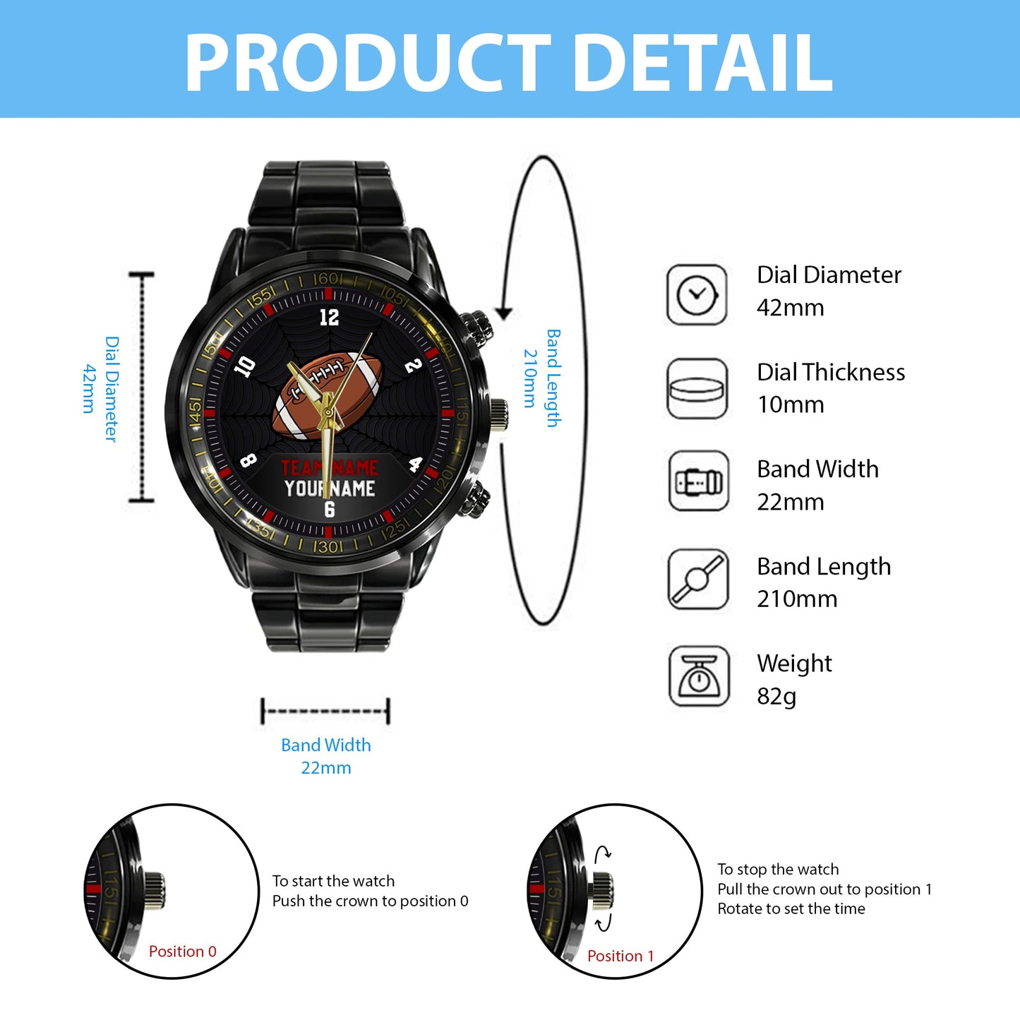 American Football Personalized Team Name, Name & Number Quartz Watch
