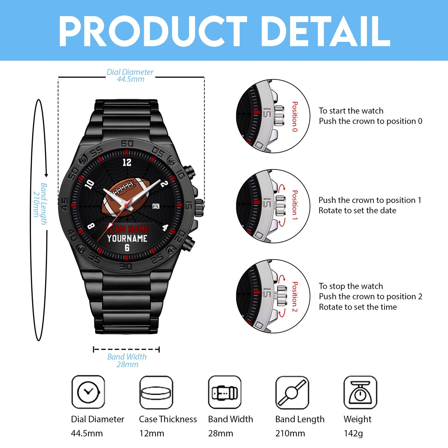 American Football Personalized Team Name, Name & Number Quartz Watch