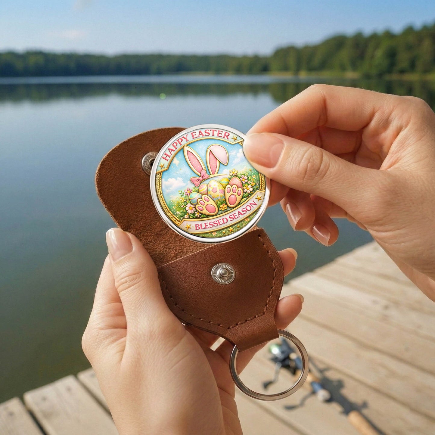 Happy Easter Printed Commemorative Coin With Pocket Hug Leather Keychain
