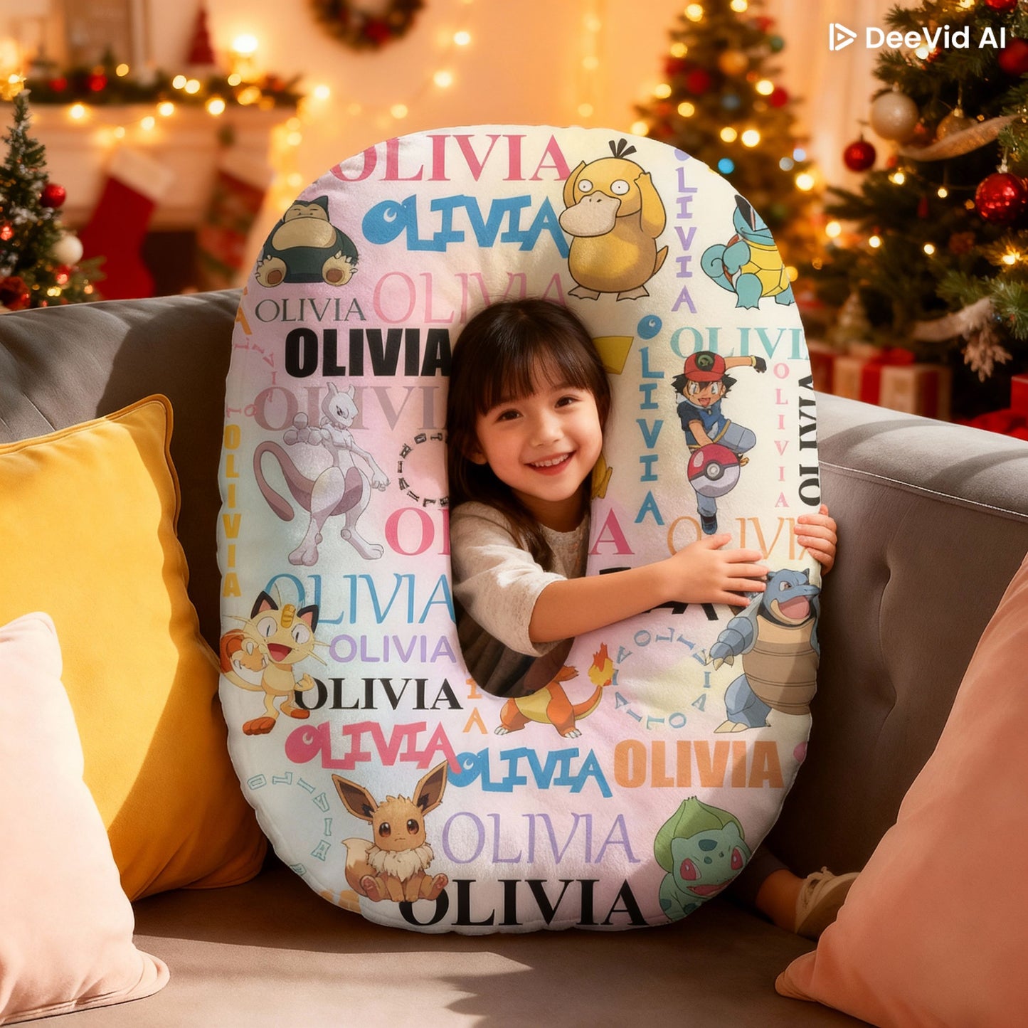 Anime PKM Personalized Watercolor, Birthday Gifts for Kids, Custom Name Shaped Alphabet Pillow