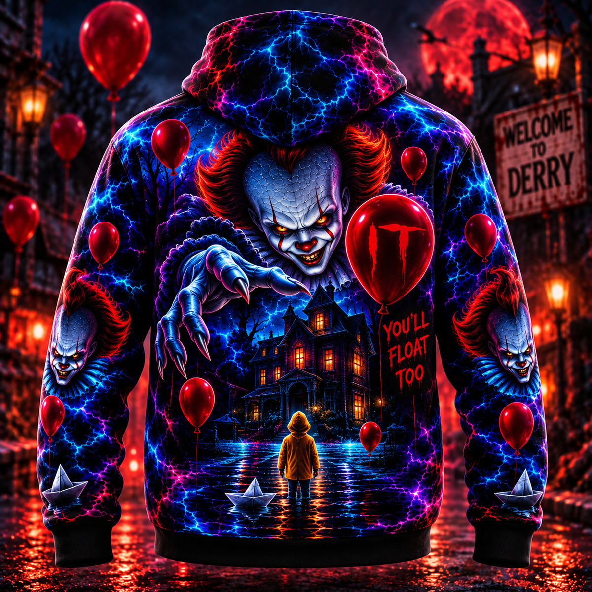 Halloween Neon Pennywise AOP T-Shirt Sweatshirt Hoodie