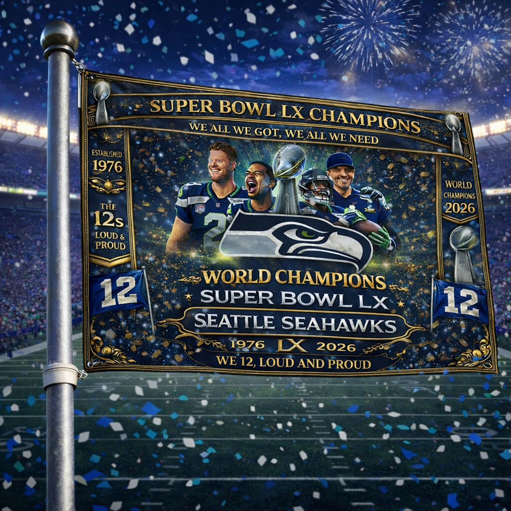 Seattle Seahawks Super Bowl LX Champions One Side Flag | World Champions 2026