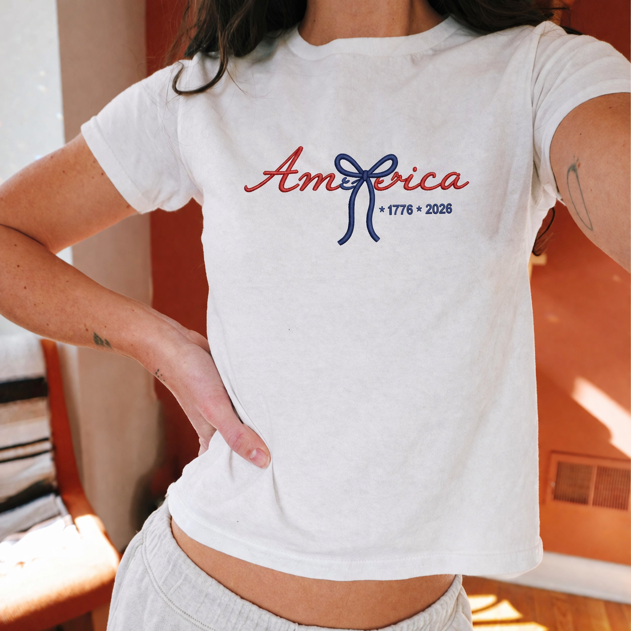 Embroidered America Baby Tee Shirt