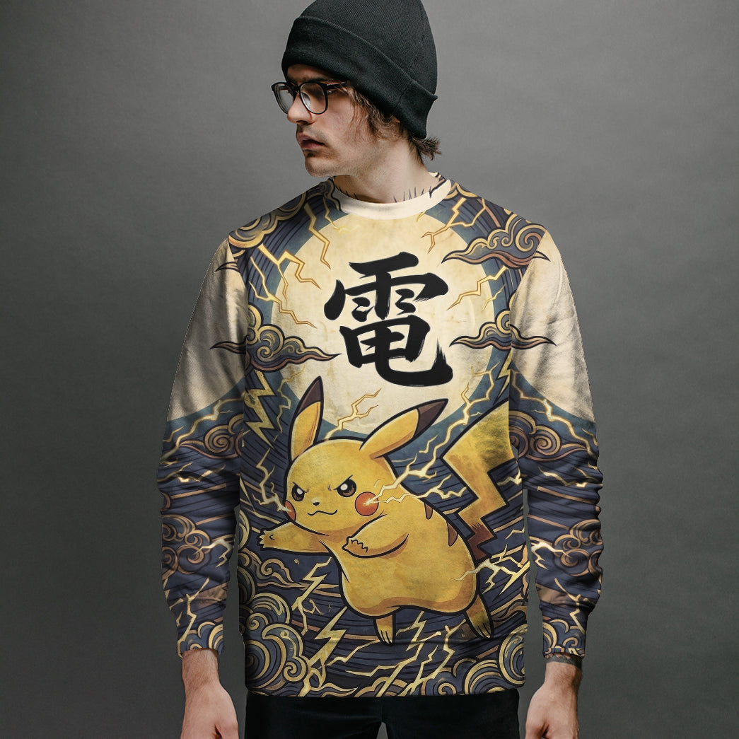 Anime PKM Pikachu Japanese Kanji Aesthetic All Over Printed Sweatshirt Hoodie Zip Hoodie T-Shirt