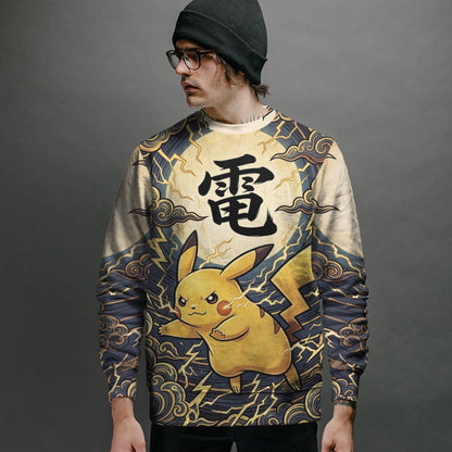 Anime PKM Pikachu Japanese Kanji Aesthetic All Over Printed Sweatshirt Hoodie Zip Hoodie T-Shirt