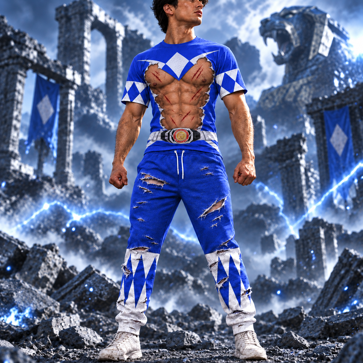 Mighty Morphin Power Rangers Blue Ranger Six-Pack Abs T-Shirt Sweatshirt Hoodie Sweatpants