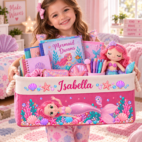 Personalized Mermaid Toy Storage Basket, Custom Storage Bin with Rope Handles