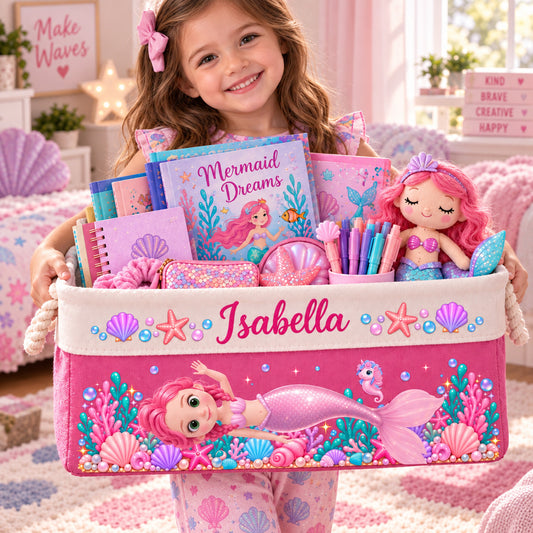 Personalized Mermaid Toy Storage Basket, Custom Storage Bin with Rope Handles
