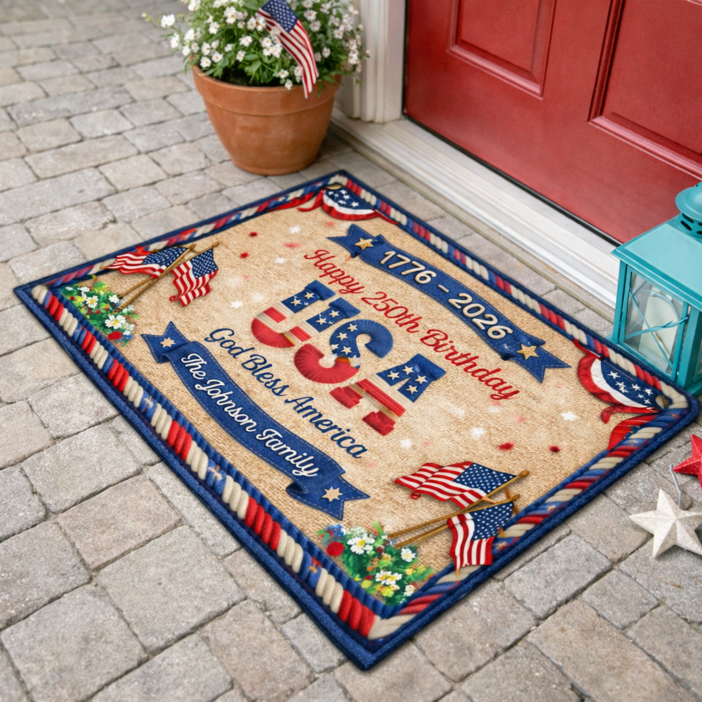 USA 250th Birthday Faux Yarn Pattern Custom Doormat