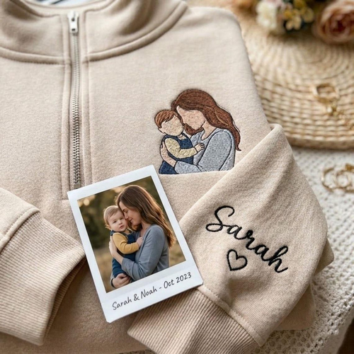 Embroidered Mother's Day Custom Photo With Kid's Names On Sleeve Quarter-Zip Sweatshirt, Hoodie Sweatshirt T-Shirt